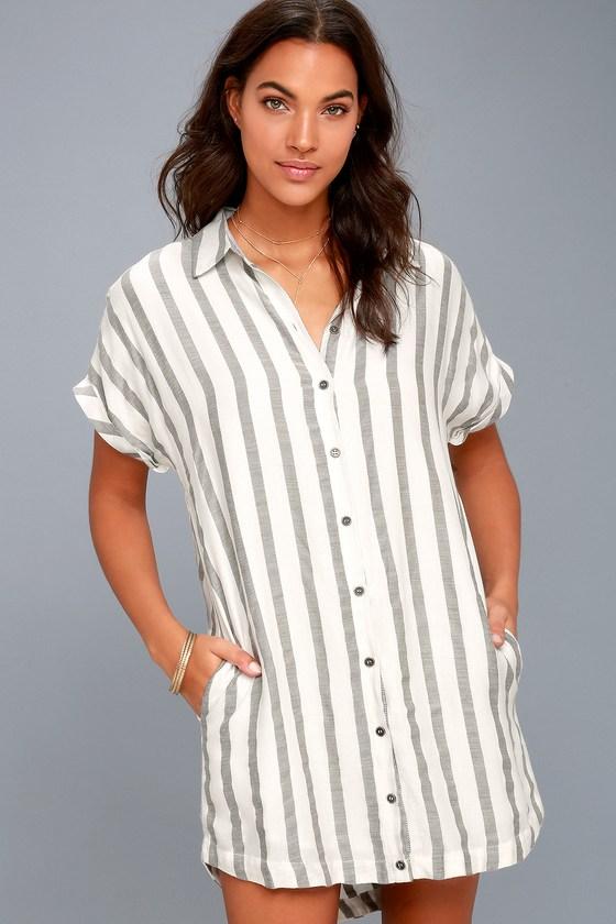 Skipper White And Grey Striped Shirt Dress | Lulus