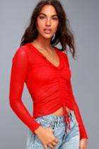 My Flame Red Sheer Long Sleeve Top | Lulus