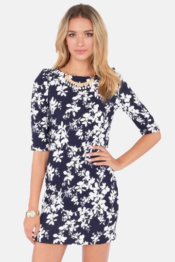 Blossoming Branches Navy Blue Floral Print Dress