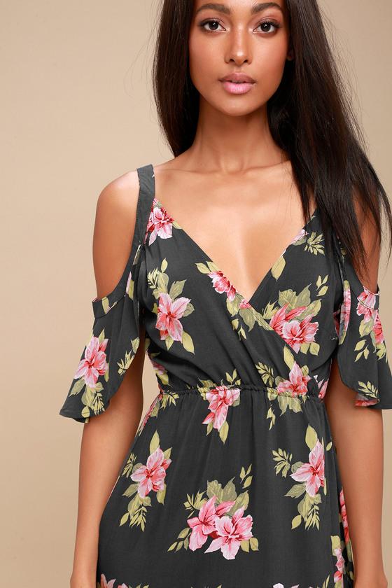 O'neill Cecilia Charcoal Grey Floral Print Cold Shoulder Wrap Dress | Lulus