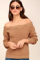 J.o.a. Weatherley Light Brown Off-the-shoulder Knit Sweater