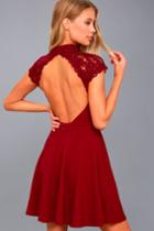 Lulus | Instant Romance Wine Red Lace Backless Skater Dress | Size Large | 100% Polyester