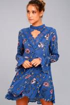 Lulus New You Royal Blue Floral Print Lace Long Sleeve Swing Dress