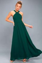 Lulus | Air Of Romance Forest Green Maxi Dress | Size Medium | 100% Polyester