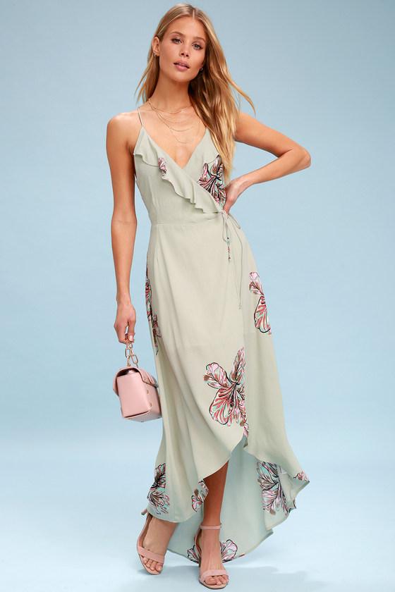 Lucy Love Alter Your Mood Sage Green Floral Print High-low Wrap Dress | Lulus