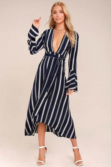 Faithfull The Brand Faithfull The Brand Carioca Navy Blue Striped Wrap Dress | Size 2 | 100% Rayon | Lulus