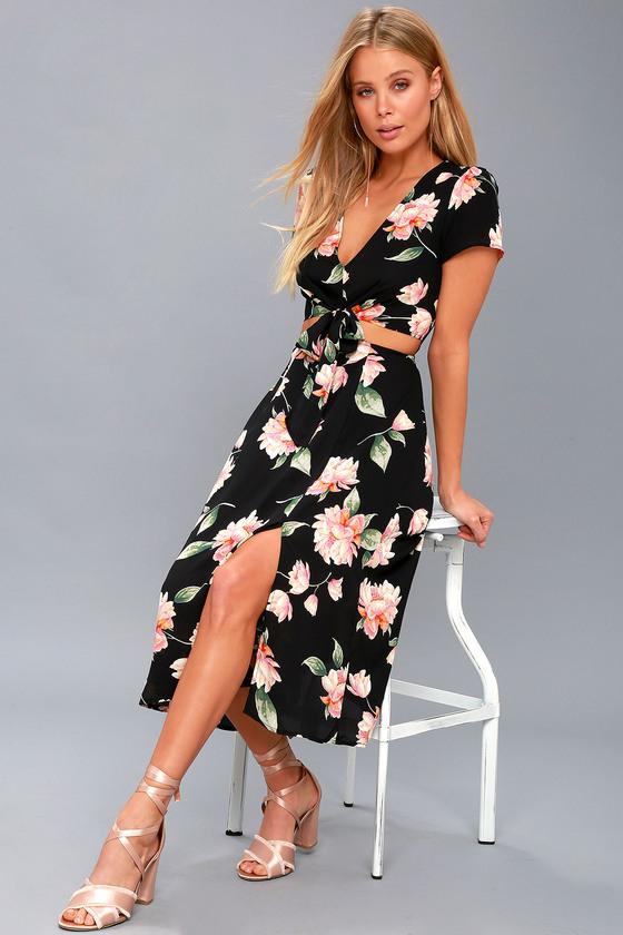 Aliso Black Floral Print Cutout Midi Dress | Lulus