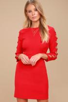 Lulus | Lights Down Low Red Long Sleeve Cutout Bodycon Dress | Size Large | 100% Polyester