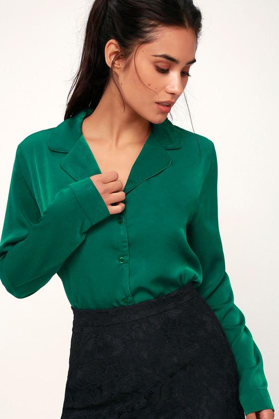 In The Biz Emerald Green Satin Long Sleeve Button-up Top | Lulus