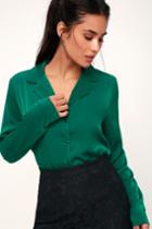 In The Biz Emerald Green Satin Long Sleeve Button-up Top | Lulus