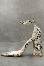 Machi Zaya Snake Print Studded Ankle Strap Heels