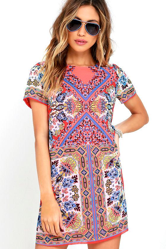 Sangria Coral Pink Tile Print Shift Dress | Lulus