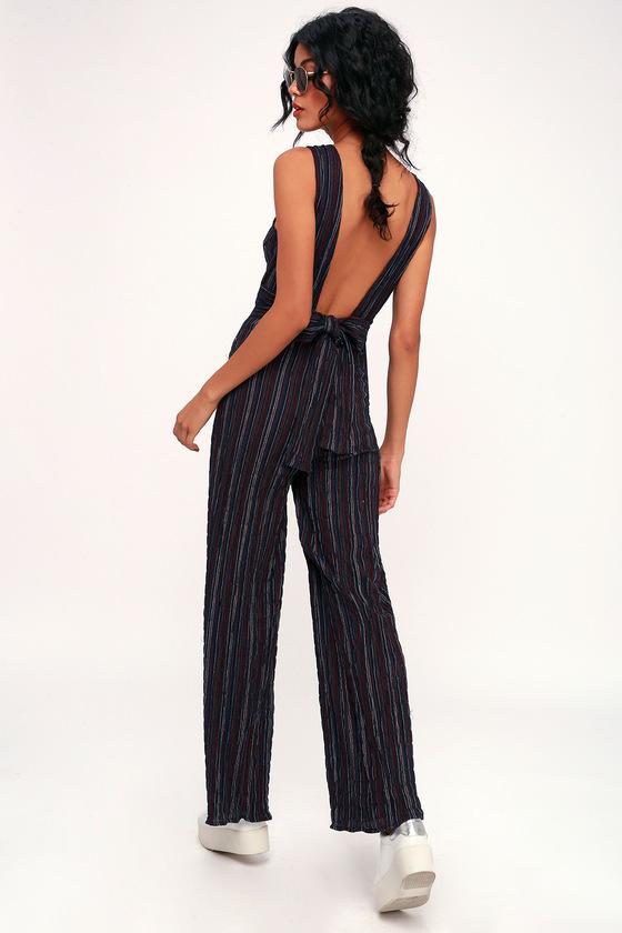 Moon River Katherine Navy Blue Multi Stripe Backless Jumpsuit | Lulus