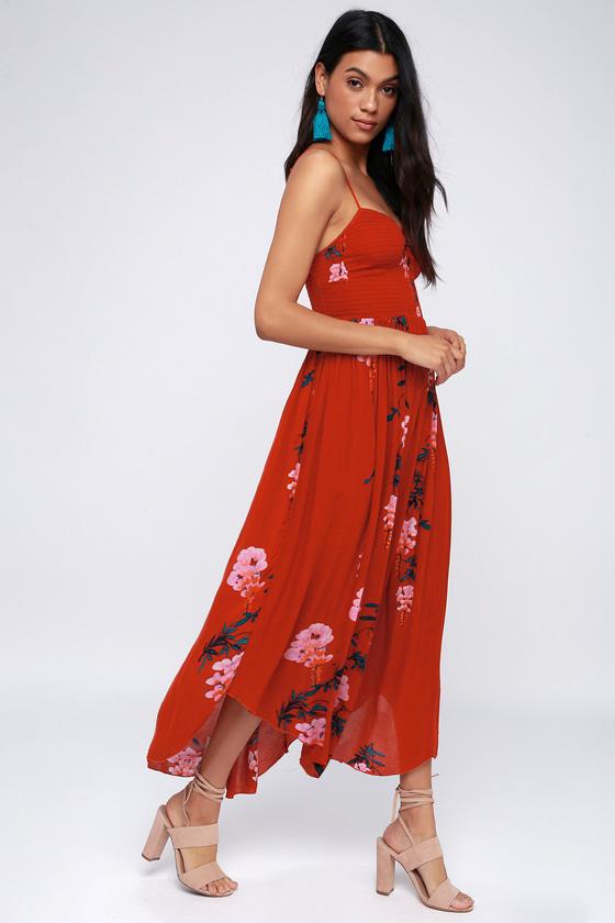 Free People Beau Red Floral Print Smocked Maxi Dress | Lulus