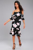 Lulus | Extra Love Black Floral Print Off-the-shoulder Dress | Size Small | 100% Polyester