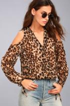 Rd Style Rd Style Animal Instincts Sheer Leopard Print Cold-shoulder Top | Size X-small | Beige | 100% Polyester | Lulus