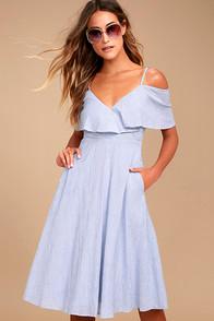 Lulus Yacht Rock Blue And White Striped Off-the-shoulder Midi Dress