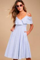 Lulus Yacht Rock Blue And White Striped Off-the-shoulder Midi Dress