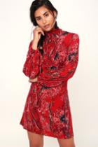 Free People All Dolled Up Red Print Long Sleeve Mini Dress | Lulus