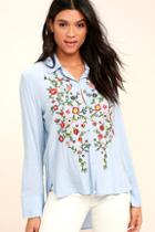 Lulus Beautiful Imagery Light Blue Embroidered Button-up Top