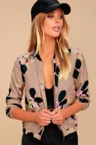 Olive + Oak | Ambre Taupe Floral Print Bomber Jacket | Size X-small | Beige | 100% Polyester | Lulus