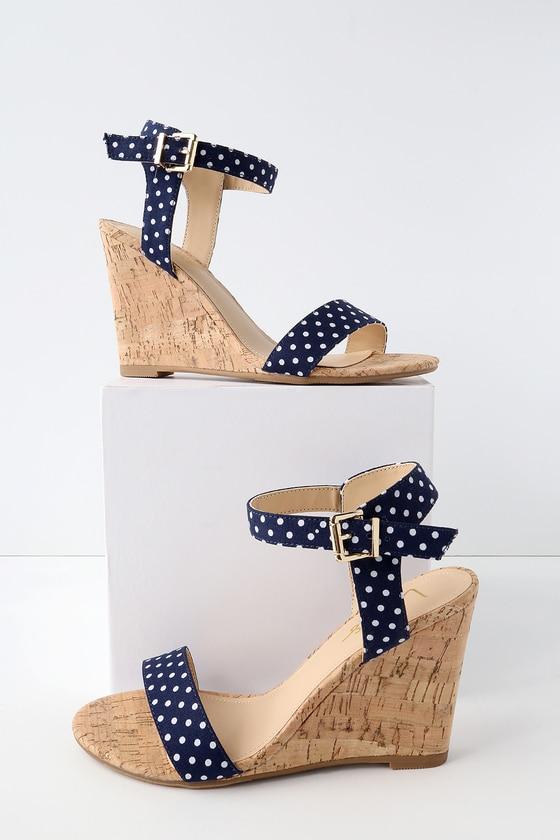 Whitney Blue And White Polka Dot Wedge Sandal Heels | Lulus
