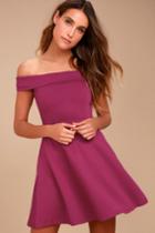 Lulus | Season Of Fun Magenta Off-the-shoulder Skater Dress | Size Large | Purple | 100% Polyester
