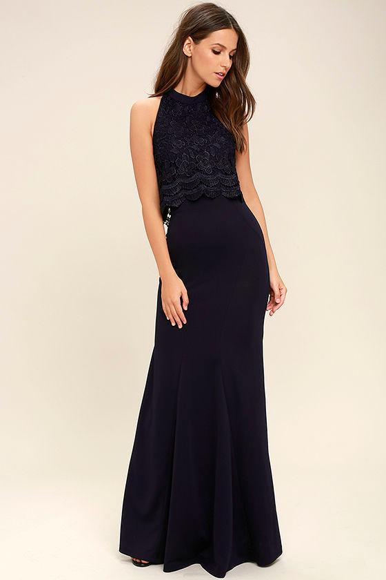 Lulus | Sociable Navy Blue Lace Halter Maxi Dress | Size X-small | 100% Polyester