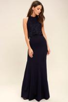 Lulus | Sociable Navy Blue Lace Halter Maxi Dress | Size X-small | 100% Polyester