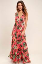 Lulus Countryside Manor Coral Red Floral Print Maxi Dress