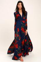 Lulus Blossom Buddy Red And Navy Blue Floral Print Maxi Dress
