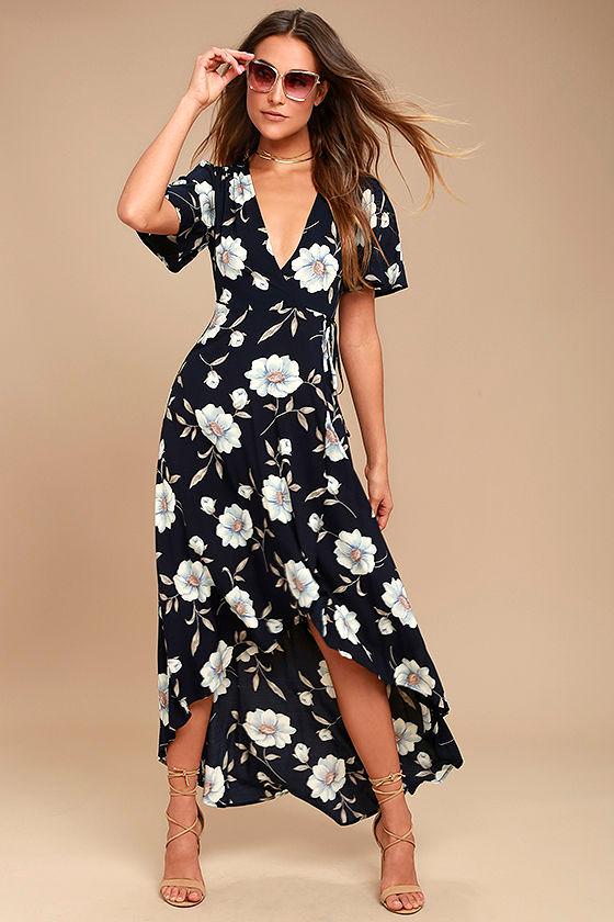 Lake Como Navy Blue Floral Print High-low Wrap Dress | Lulus