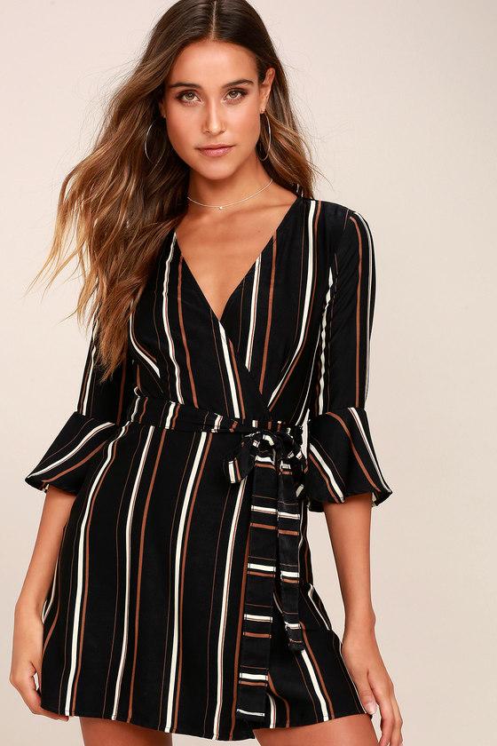Lulus | Gone To Geneva Black Striped Wrap Dress | Size Large | 100% Polyester