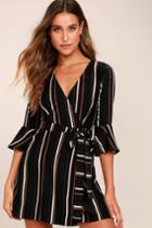 Lulus | Gone To Geneva Black Striped Wrap Dress | Size Large | 100% Polyester