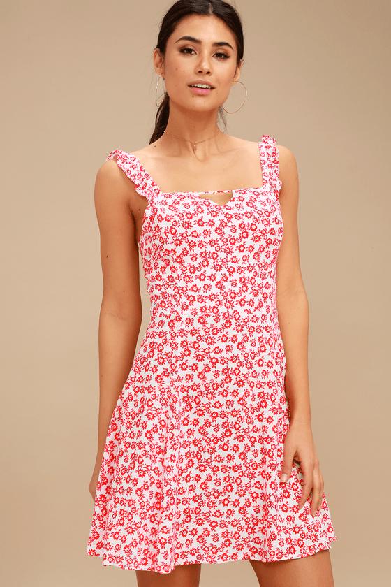 Lucy Love Fallin' For You Red And White Floral Print Skater Dress | Lulus