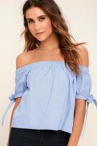 Lulus Smooth Seas Blue And White Striped Off-the-shoulder Crop Top