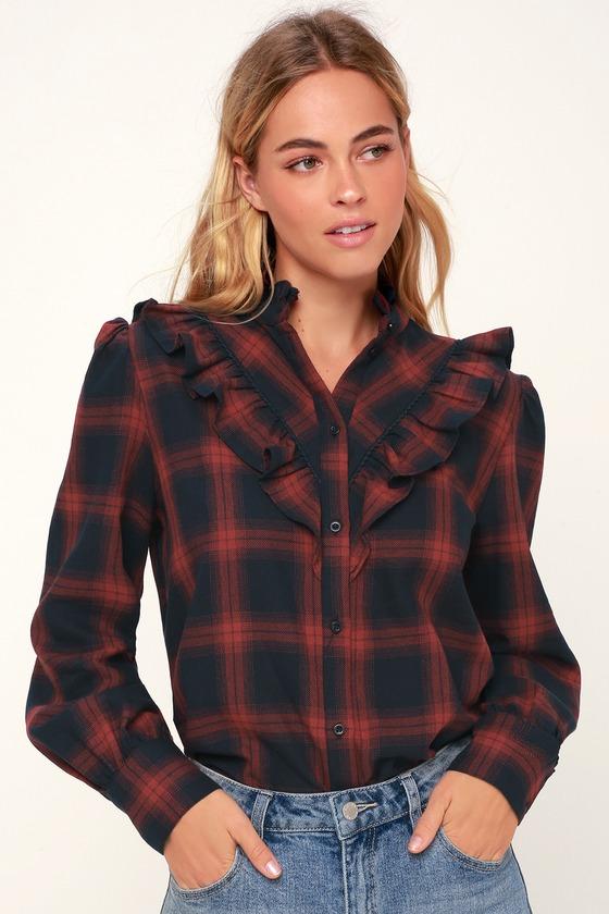 The Fifth Label Nash Navy Blue And Red Plaid Ruffled Long Sleeve Top | Lulus