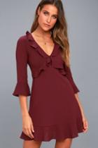 Lulus | Somebody To Love Plum Purple Ruffled Flounce Sleeve Dress | Size Large | 100% Rayon