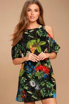Lulus Oasis We Go Black Tropical Print Shift Dress