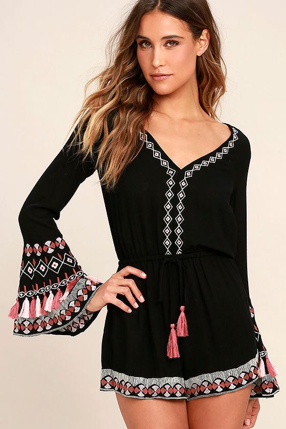 Hiatus Black Embroidered Long Sleeve Romper | Lulus