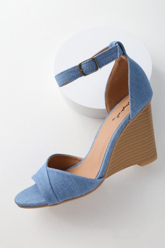 Qupid Reid Light Blue Denim Wedges | Lulus