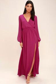 Lulus Wondrous Water Lilies Magenta Long Sleeve Maxi Dress