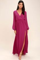 Lulus Wondrous Water Lilies Magenta Long Sleeve Maxi Dress