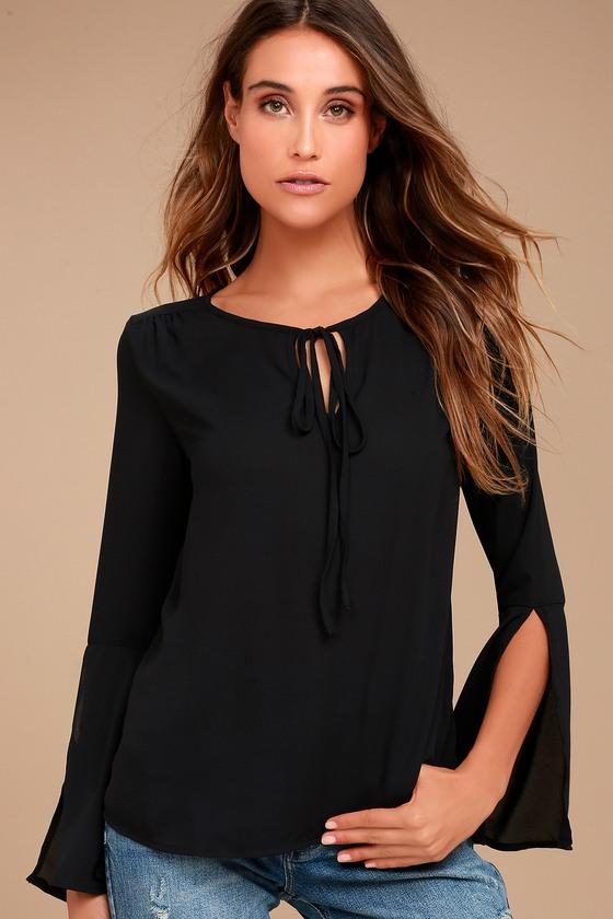 Lulus | Carefully Curated Black Long Sleeve Top | Size Large | 100% Polyester