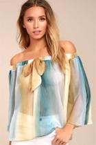 Blush Noir | Night In Paradise Blue And Yellow Striped Off-the-shoulder Top | Size Large | 100% Polyester | Lulus