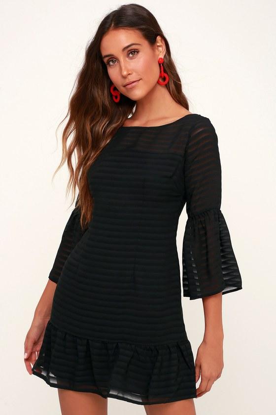 Bb Dakota Night Vision Black Striped Flounce Sleeve Dress | Lulus