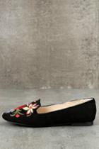 Qupid | Arvida Black Suede Embroidered Loafer Flats | Size 6 | Vegan Friendly | Lulus
