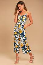 J.o.a. Fiorenza Ivory Floral Print Midi Jumpsuit