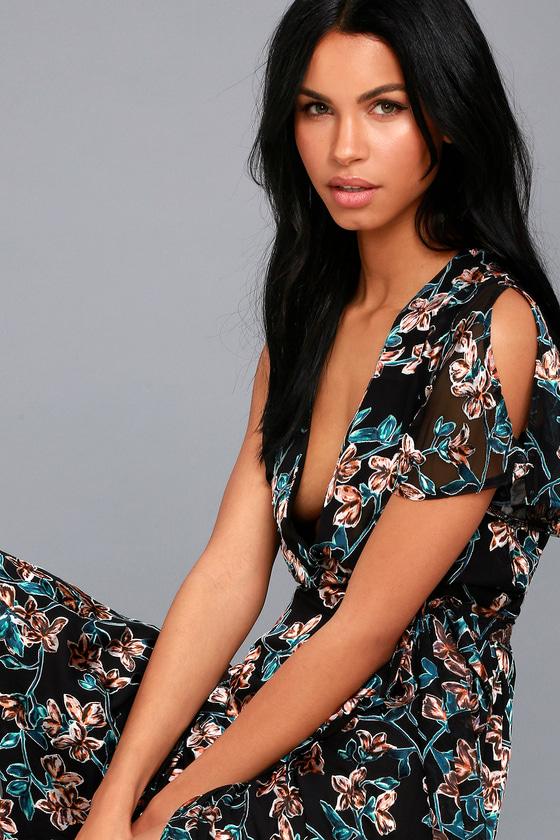 Mind, Botany And Soul Black Velvet Floral Print Midi Wrap Dress | Lulus