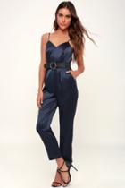 Touch Of Heaven Navy Blue Satin Sleeveless Jumpsuit | Lulus